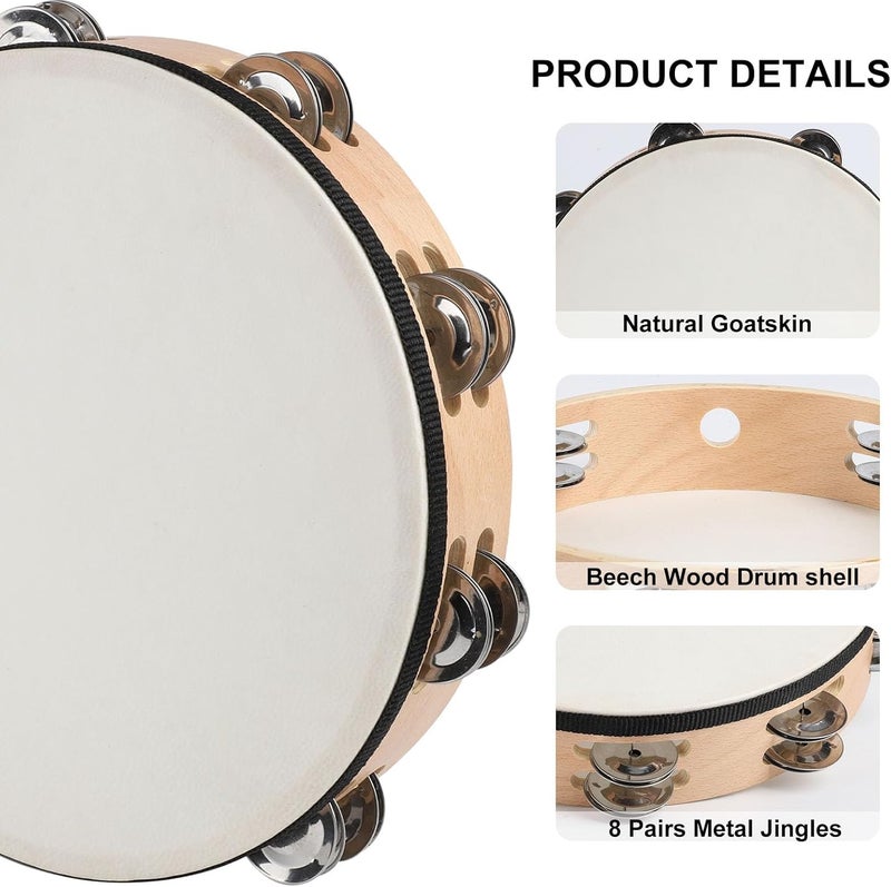 BGMUSER Goatskin Tambourine 10" and 8" kit With Metal Jingles Hand Held Drum Tambourines for Adults Church Dance Games KTV Party - Image 2